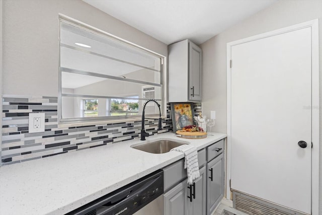 kitchen featuring gray cabinets, lofted ceiling, sink, and tasteful backsplash