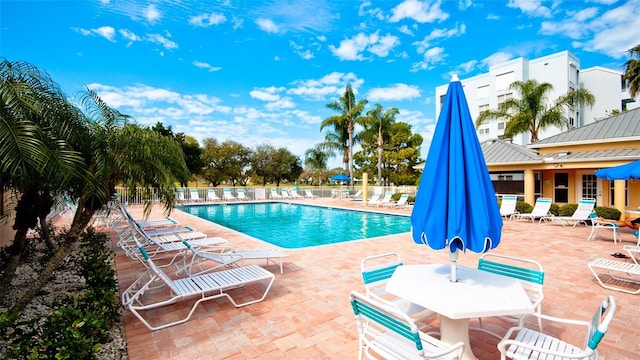 view of swimming pool featuring a patio area