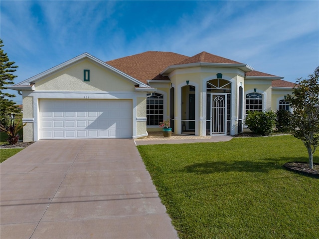 view of front facade with a garage and a front lawn