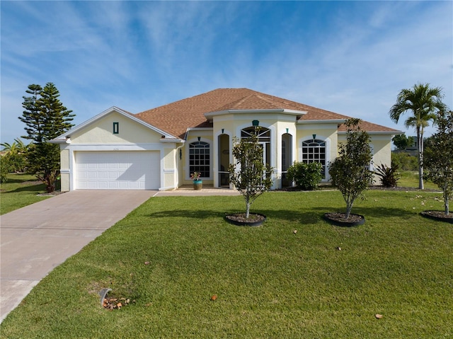 view of front of property with a garage and a front lawn