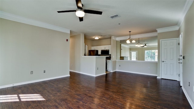 unfurnished living room featuring crown molding, ceiling fan, and dark wood-type flooring