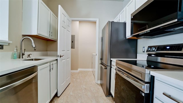 kitchen featuring electric panel, sink, white cabinets, and stainless steel appliances