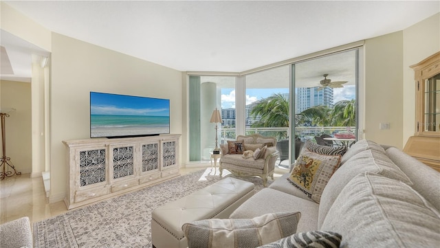 living room featuring ceiling fan