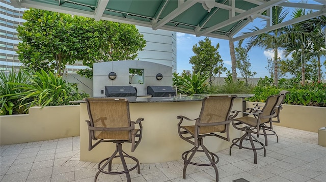 view of patio featuring an outdoor bar and a grill