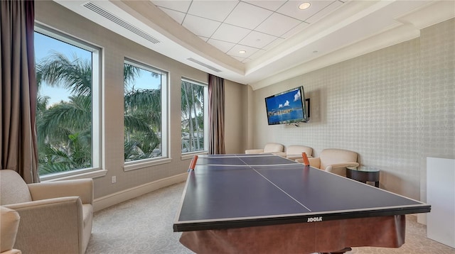 recreation room with crown molding, a raised ceiling, and light colored carpet