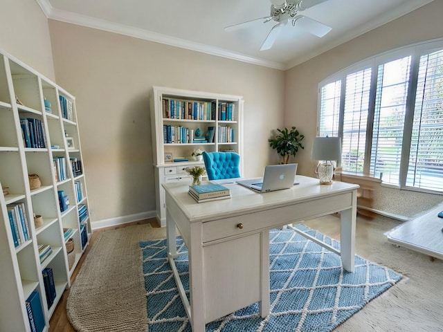 office area with crown molding and ceiling fan