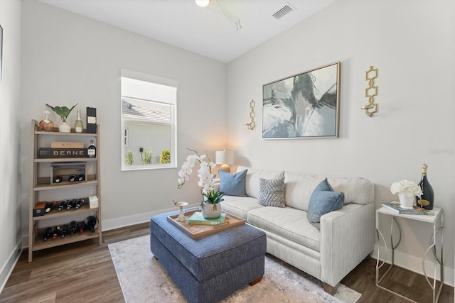 living room featuring dark wood-type flooring