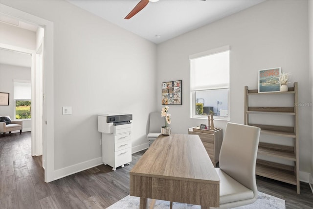 office with ceiling fan and dark hardwood / wood-style flooring