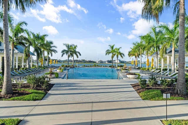 view of pool with a water view