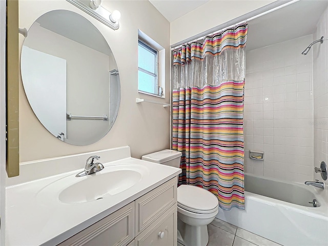 bathroom featuring vanity, shower / bath combination with curtain, toilet, and tile patterned flooring