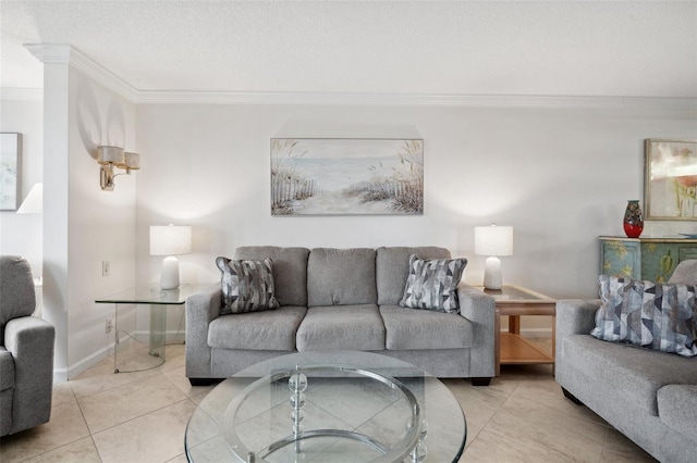 tiled living area featuring crown molding, a textured ceiling, and baseboards