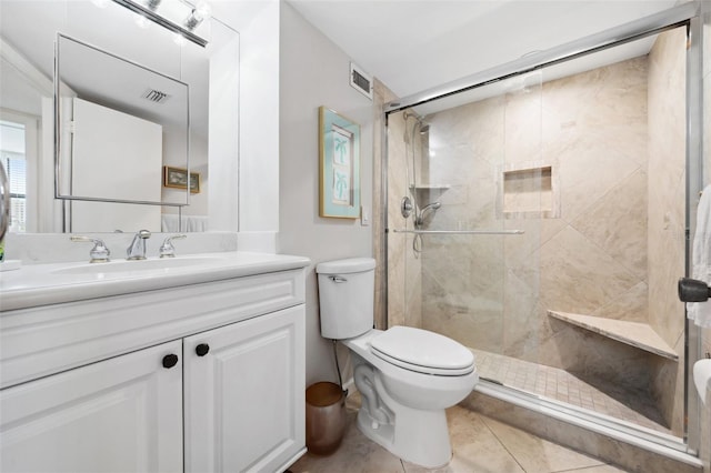 full bath featuring a stall shower, visible vents, and toilet