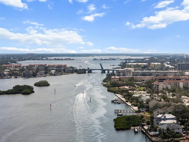 aerial view with a water view and a city view