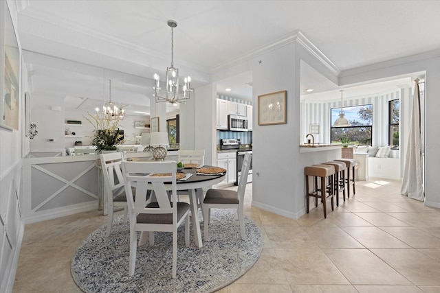 tiled dining area featuring crown molding and a chandelier