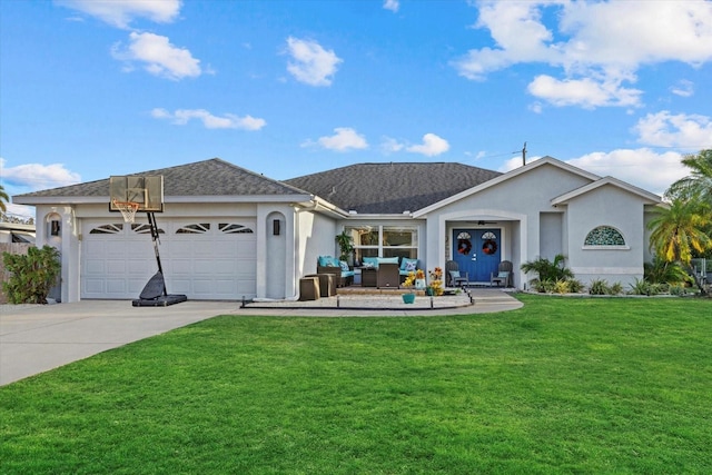 ranch-style house featuring a front lawn, concrete driveway, and stucco siding