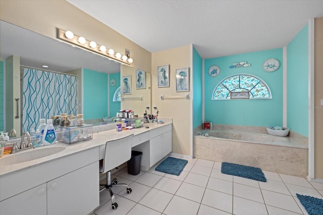 bathroom featuring vanity, a textured ceiling, tile patterned flooring, and plus walk in shower