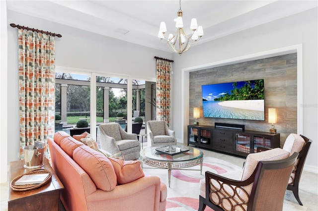 living room with an inviting chandelier