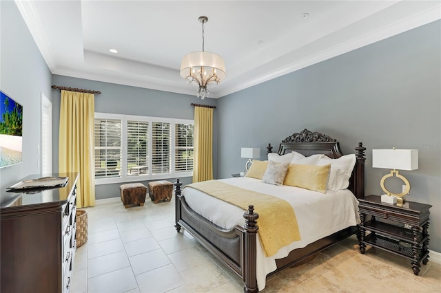 bedroom featuring a notable chandelier, a raised ceiling, crown molding, and light tile patterned floors