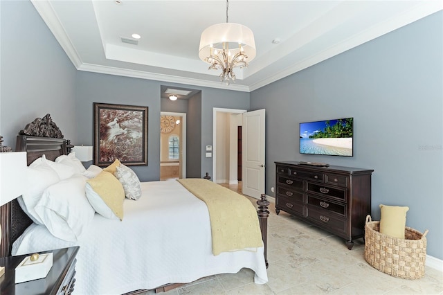 bedroom with a raised ceiling, ornamental molding, light tile patterned flooring, and a chandelier