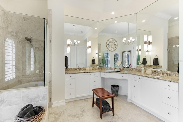 bathroom with an enclosed shower, crown molding, a notable chandelier, and vanity