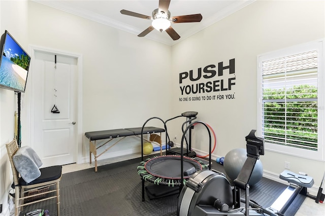 exercise area featuring ornamental molding and ceiling fan