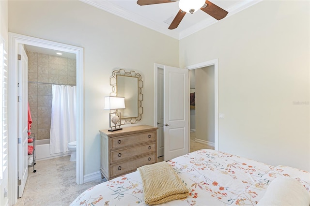 bedroom featuring ceiling fan, connected bathroom, and ornamental molding