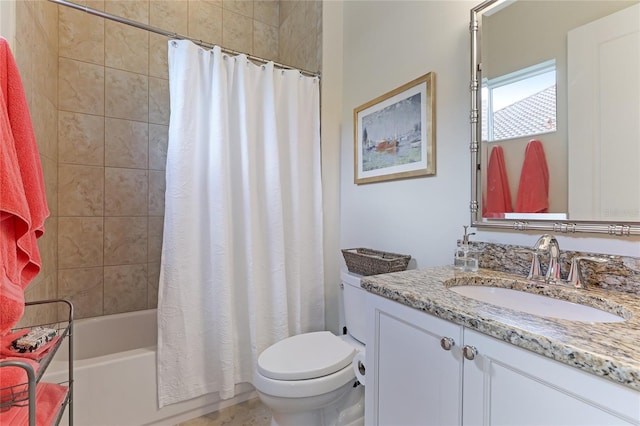 full bathroom with toilet, vanity, and shower / bathtub combination with curtain