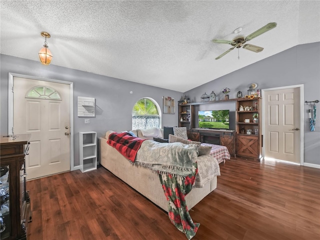 5337 Jacob Ave, Polk City, FL 33868 - living room featuring a textured ceiling, vaulted ceiling, and dark wood finished floors