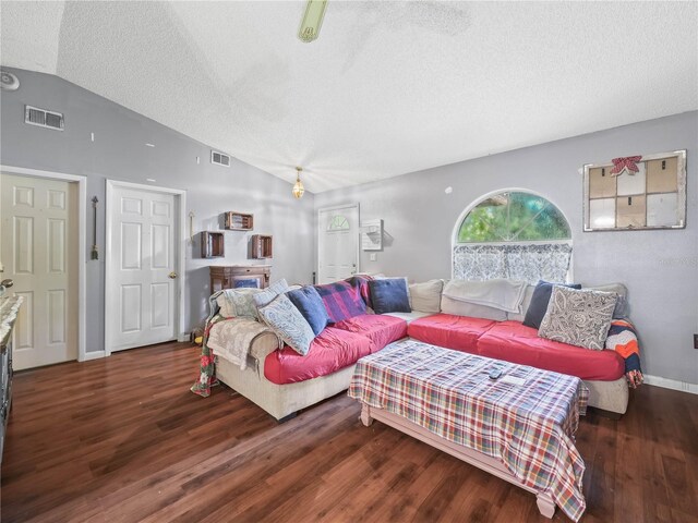 living room featuring lofted ceiling, a textured ceiling, and dark hardwood / wood-style floors