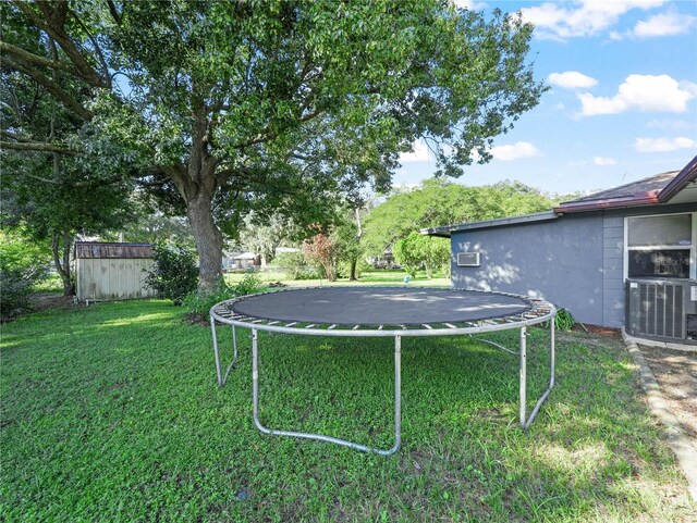 view of yard with a trampoline and a shed