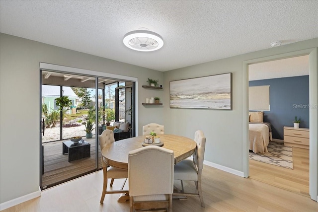 dining room featuring a textured ceiling and light hardwood / wood-style flooring