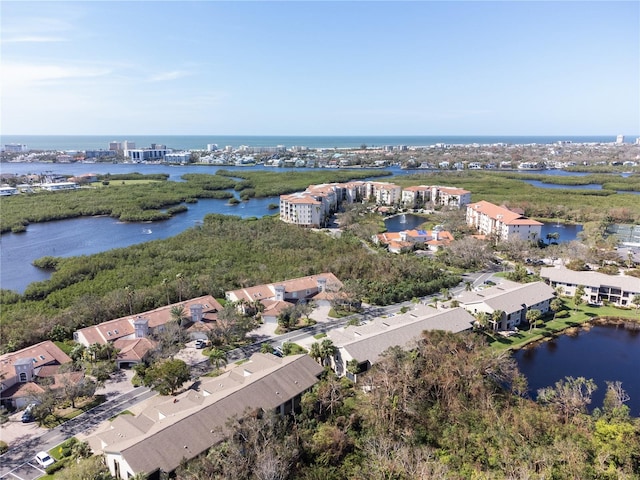 aerial view featuring a water view