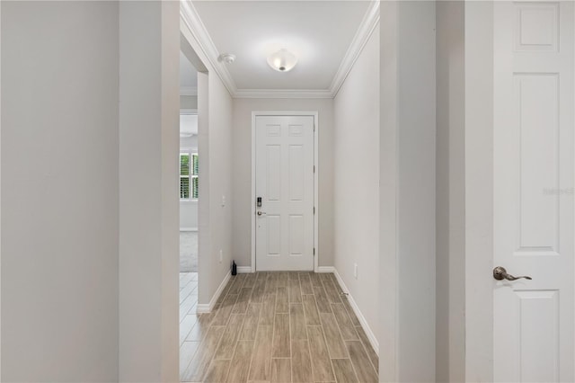 corridor featuring crown molding and light hardwood / wood-style flooring