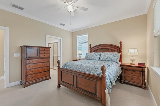 bedroom featuring light tile patterned floors, connected bathroom, ceiling fan, and crown molding