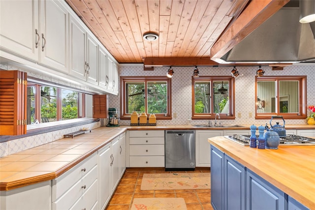 kitchen with wood counters, appliances with stainless steel finishes, blue cabinetry, white cabinets, and range hood