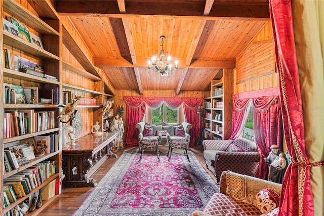 sitting room featuring vaulted ceiling with beams, wooden walls, wood ceiling, and dark hardwood / wood-style floors