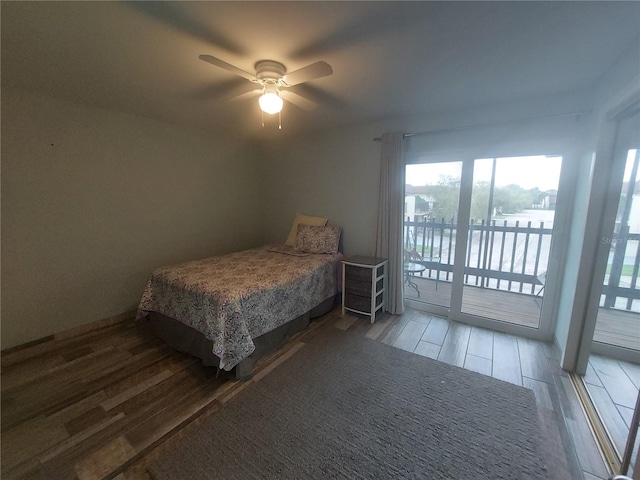 bedroom with access to exterior, ceiling fan, and light hardwood / wood-style floors