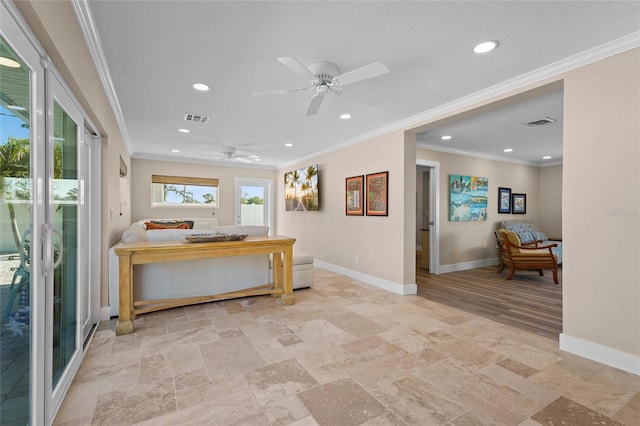 interior space featuring ceiling fan, ornamental molding, and access to outside