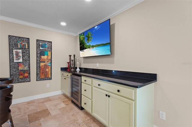 bar with beverage cooler and ornamental molding