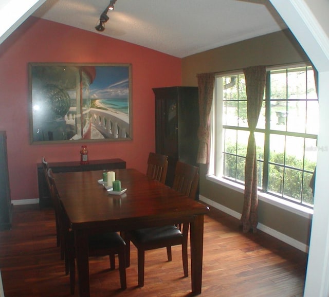 dining area featuring a wealth of natural light, hardwood / wood-style floors, vaulted ceiling, and track lighting