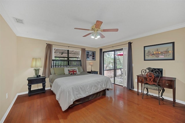 bedroom featuring ornamental molding, dark wood-type flooring, access to outside, and ceiling fan