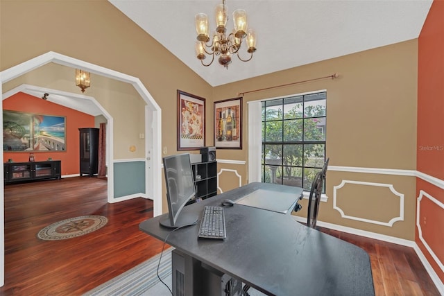 home office with vaulted ceiling, dark hardwood / wood-style floors, and a notable chandelier