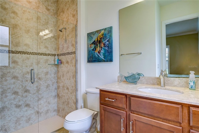 bathroom featuring walk in shower, vanity, and toilet