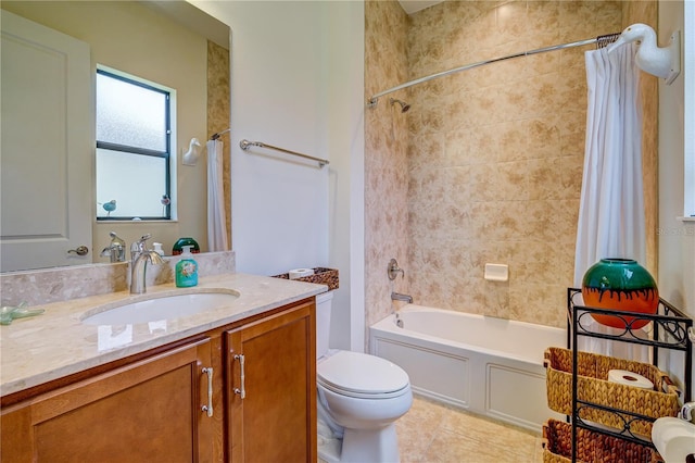 full bathroom with vanity, tile patterned flooring, toilet, and shower / tub combo with curtain