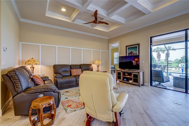 living room with light wood-type flooring, ceiling fan, crown molding, coffered ceiling, and beam ceiling