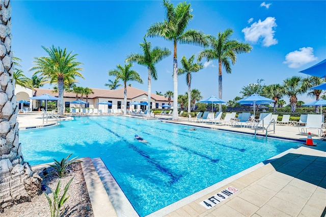 view of swimming pool featuring a patio area