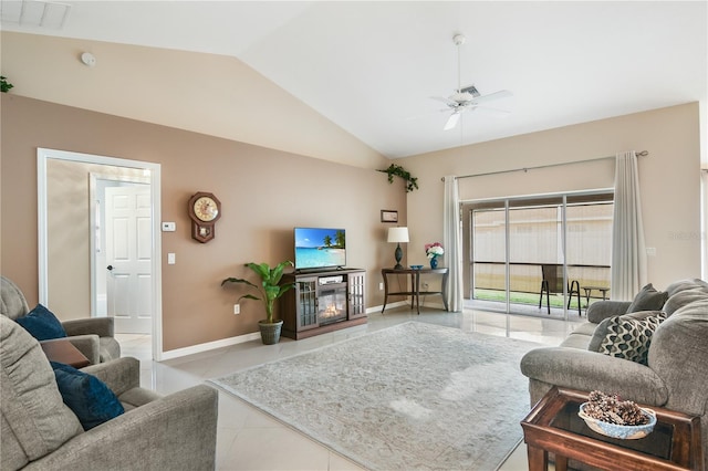 tiled living room featuring ceiling fan and lofted ceiling