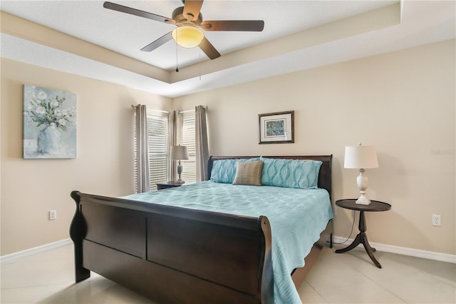 tiled bedroom with ceiling fan