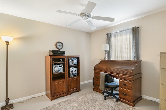 office featuring light colored carpet and ceiling fan