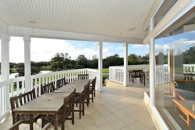 view of patio / terrace featuring a water view